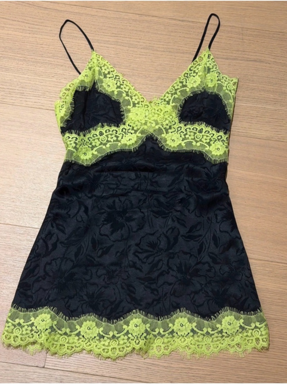 Alice + Olivia Black Slip Dress with Neon Yellow Lace Trim